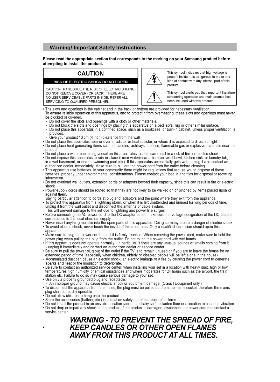 Samsung LE19R8 manual Risk Of Electric Shock Do Not Open 